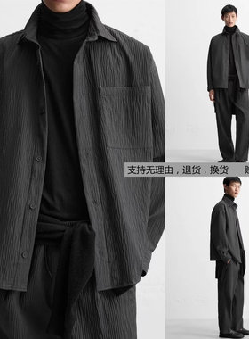 2025春季新品男装黑色褶皱凸饰宽松翻领长袖衬衫衬衣外套 7380703