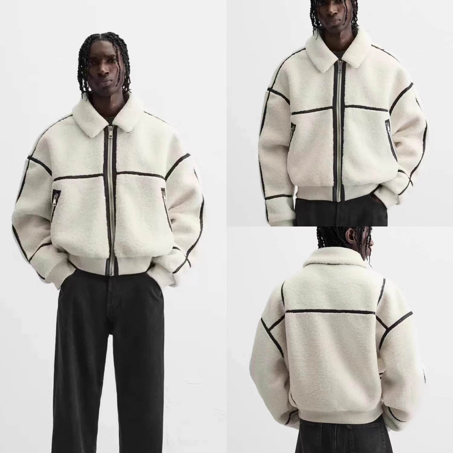 thumbnail for 2024 Autumn and Winter New Men&#039;s Leather and Fur Integrated Loose Color-Block Fleece Long-Sleeve Zipper Jacket 8281402