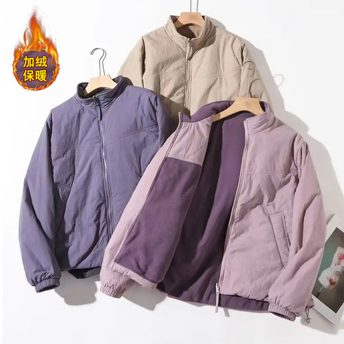 双面穿撞色驼绒棉服女宽松立领