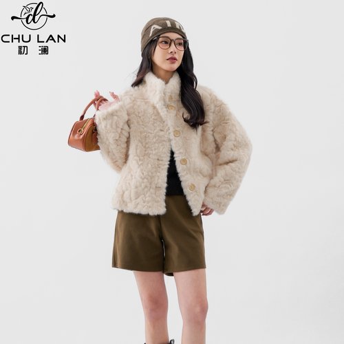 仿羊羔毛立领外套女短款上衣