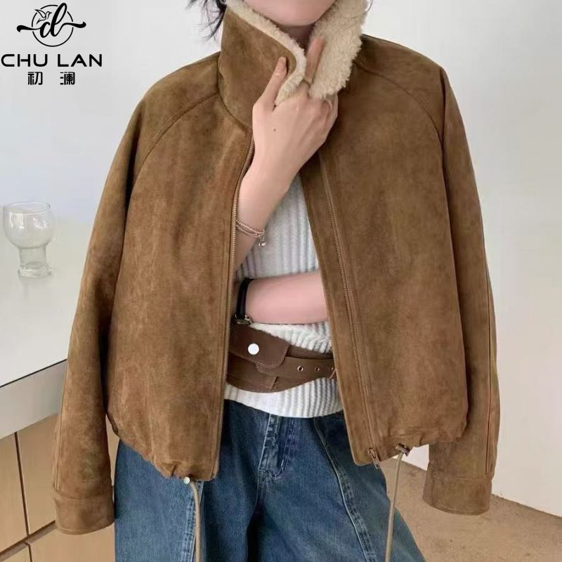 短款羊羔毛翻领鹿皮绒外套女