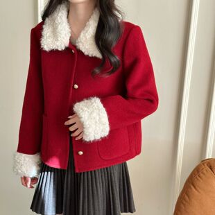 年货红色仿羊羔毛领毛呢外套女2026春季新款小个子短款绵羊毛上衣