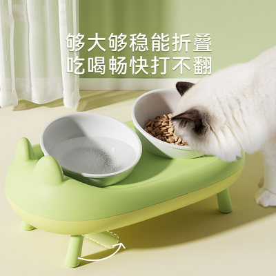 猫碗陶瓷双碗一体猫食盆防打翻高脚不锈钢狗碗斜口泰迪饭盆慢食碗