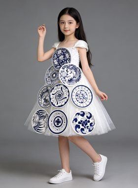 儿童环保时装秀服装女孩环保幼儿园diy创意手工青花瓷亲子走秀服