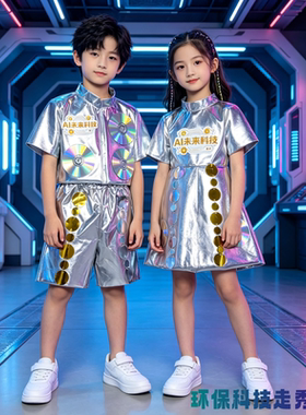 环保时装秀儿童服装亲子走秀手工diy创意未来AL科技风环保衣服
