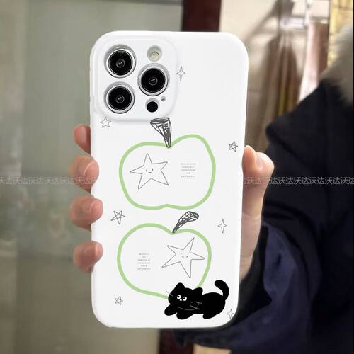 ins青苹果黑猫适用iPhone14Pro/13手机壳11/6/xr苹果14/15Promax软8p手机壳