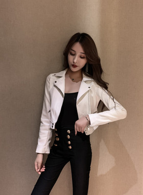 150小个子pu皮外套女春秋155百搭气质西装领短款皮衣机车夹克XS码