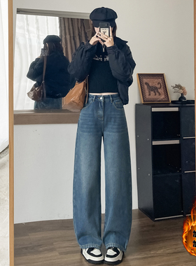 150小个子复古高街加绒加厚阔腿牛仔裤女秋冬新款155弯刀直筒裤xs