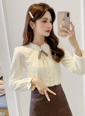 150小个子蝴蝶结加绒打底衫女秋冬155洋气上衣长袖内搭蕾丝衫XS码
