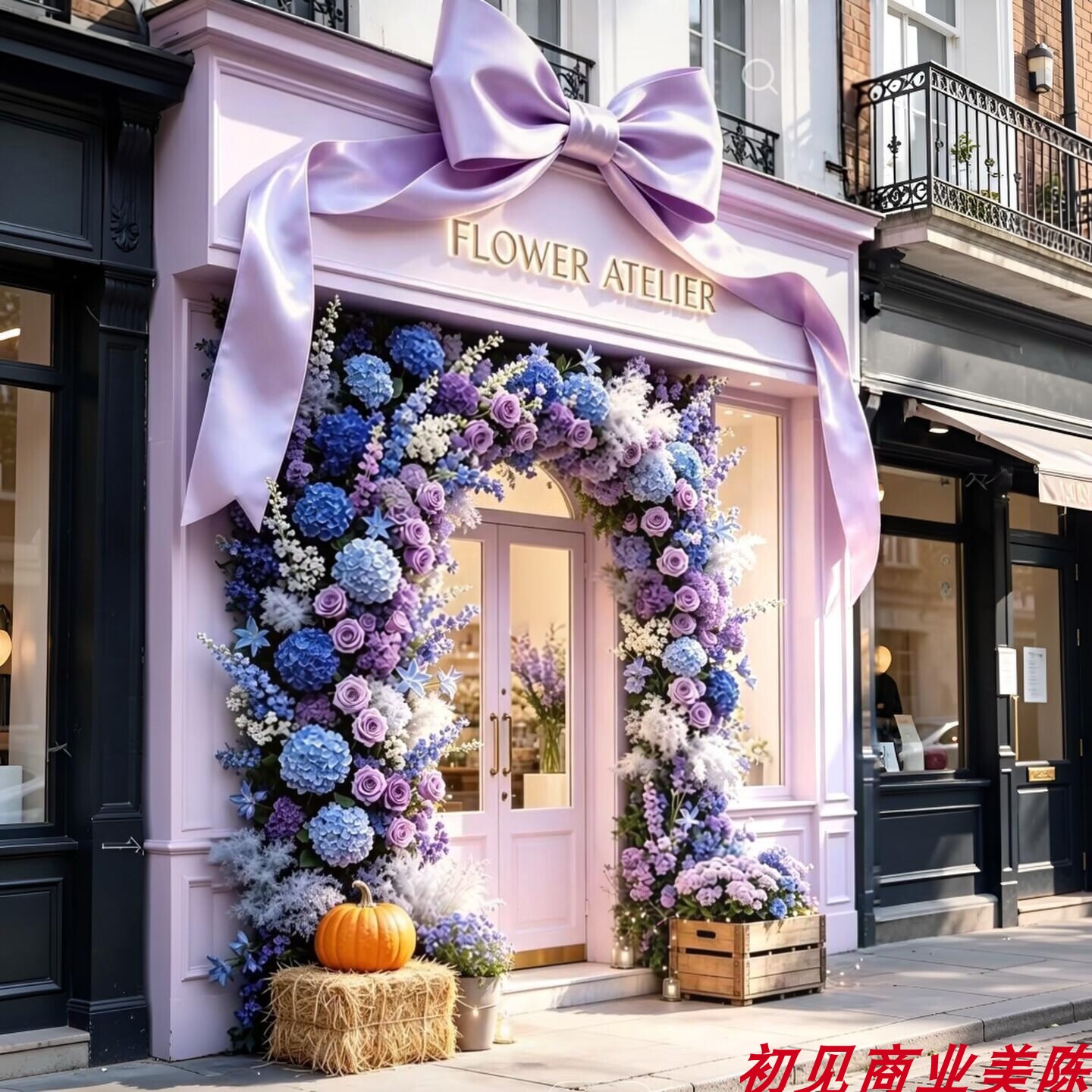 蓝紫绣球仿真花墙美陈打卡图片