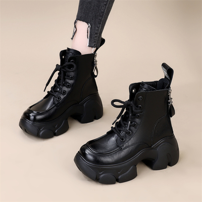 真皮马丁靴女爆款2025秋冬加绒小个子增高8cm厚底双拉链英伦短靴