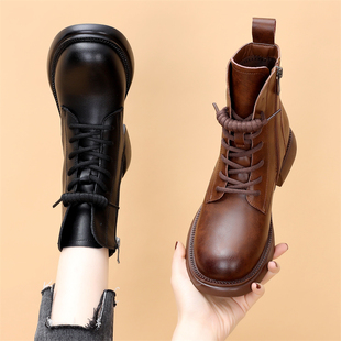 真皮马丁靴女2025年春秋新款高帮平底时尚百搭短靴子英伦风显脚小