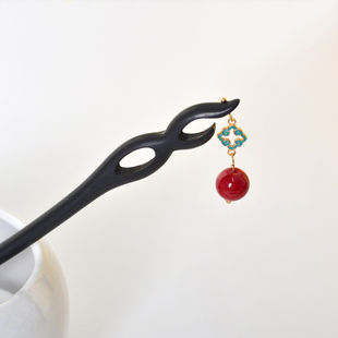 古风汉服头饰红色吊坠发簪实木旗袍盘发饰品通勤古风发饰实木发钗