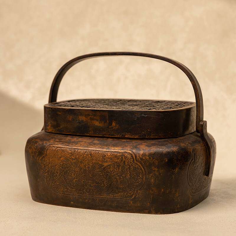 物件收福庆纹清代张铜錾花手炉老藏品古鸣岐款铜手炉董真品