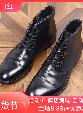 欧美高帮商务休闲马丁靴圆头褶皱系带复古做旧耐磨平跟短筒皮靴