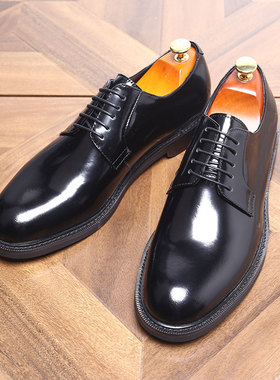欧美潮流亮黑真皮男士英伦漆皮大圆头低帮商务正装休闲耐磨牛皮鞋