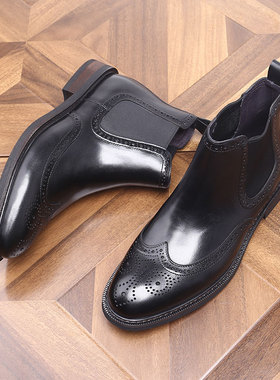 圆头休闲加绒切尔西靴复古英伦百搭布洛克雕花真皮耐磨一脚蹬短靴