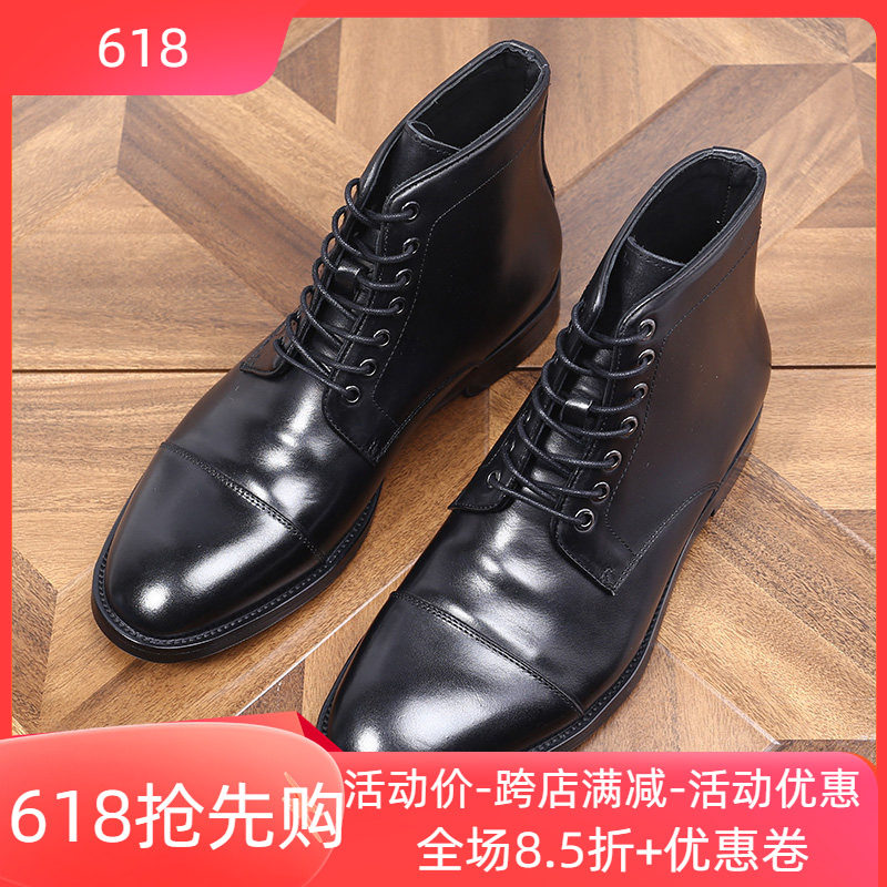 欧美高帮商务休闲马丁靴圆头褶皱系带复古做旧耐磨平跟短筒皮靴