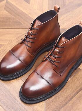 冬季加绒轻质意大利真皮高帮商务休闲皮鞋潮复古手工男士马丁靴