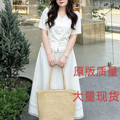 大码女装胖mm法式风蕾丝短袖衬衫+高腰半身裙夏上新显瘦时尚套装