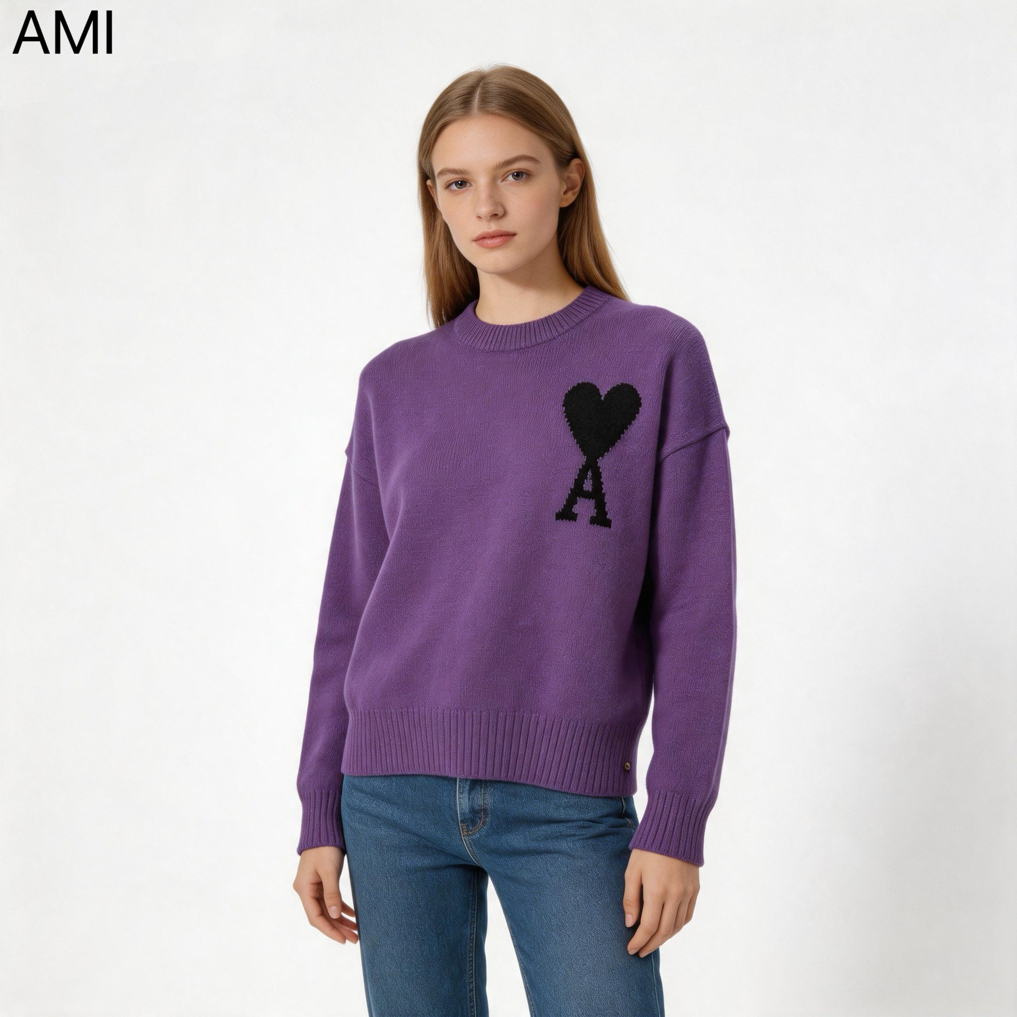 AMI 大爱心黑标Logo羊毛圆领套头毛衣 男女同款针织衫 紫色2018