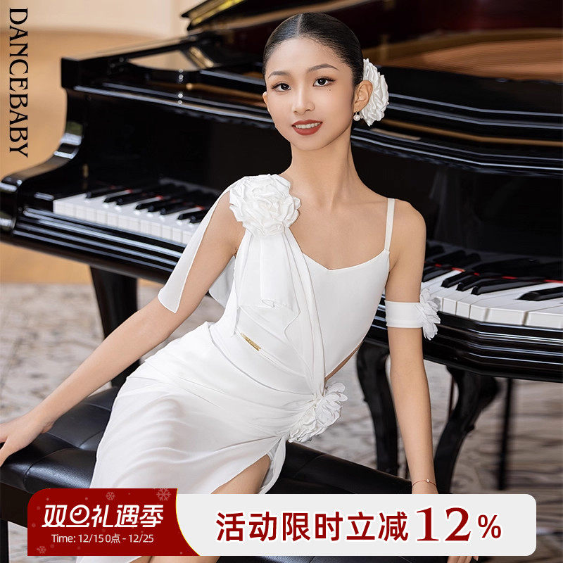 Dancebaby少儿拉丁舞服2025新款女童表演服练功服白色小花服D19