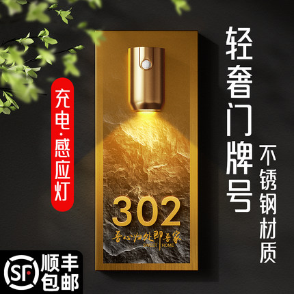 入户门牌号家用高级感不锈钢号码牌订制酒店客房别墅民宿高端大气商用自粘数字挂牌轻奢创意装饰墙贴发光定做