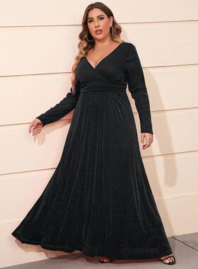 Autumn fat women plus size long sleeve sexy dress green big