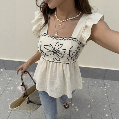 Embroidered T-shirt Square Collar Lotus Leaf Flying Sleeve
