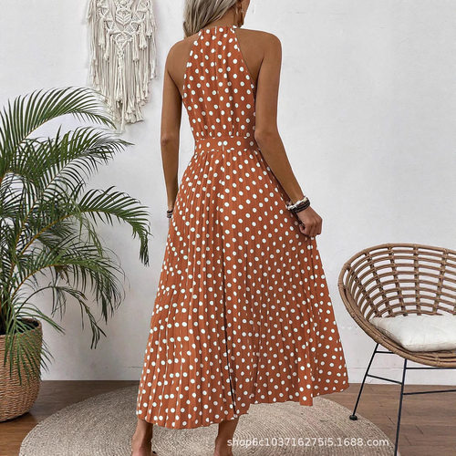 ladies Printed dresses polka dot round neck long skirts