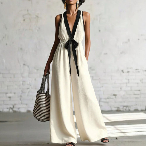Black white contrasting V-neck jumpsuit tie waist cinching