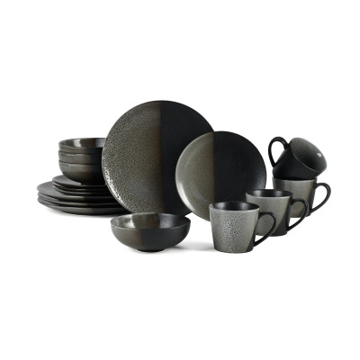 Two-Tone Ceramic Dinnerware Set of 16, Plates and Bowls Comb