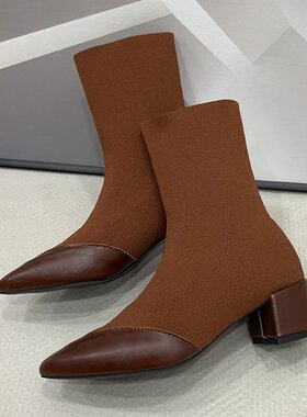 粗跟短筒袜靴尖头弹力靴fall winter women's boots ladies shoes