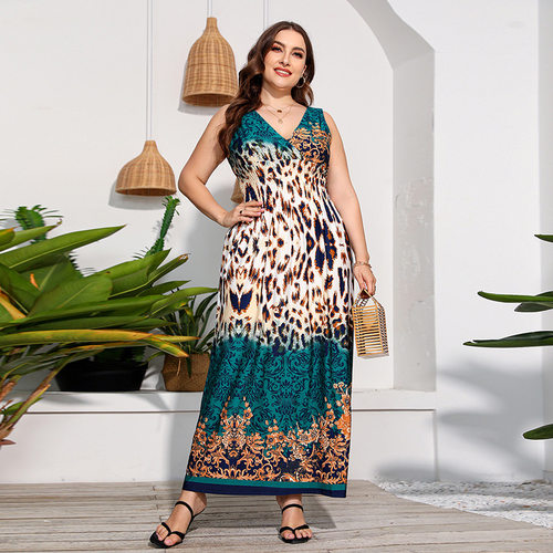 women's Sleeveless Leopard Print Beach Dress女豹纹波西米亚裙