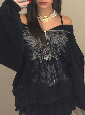 Printed hooded casual zippered sweater拉链卫衣蝴蝶开衫外套女