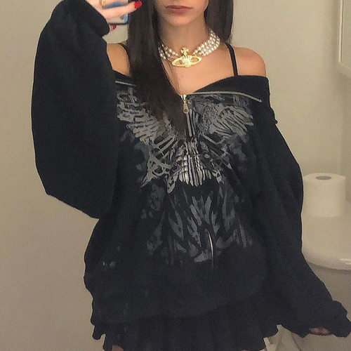 Printed hooded casual zippered sweater拉链卫衣蝴蝶开衫外套女
