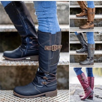 Winter plus size women's flat leather boots 大码平底长筒皮靴