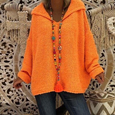 Women's knitted sweater top casual hooded pullover plus size