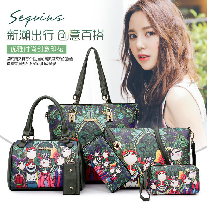 印花子母手提单肩包六件套women handbag shoulder leather bags
