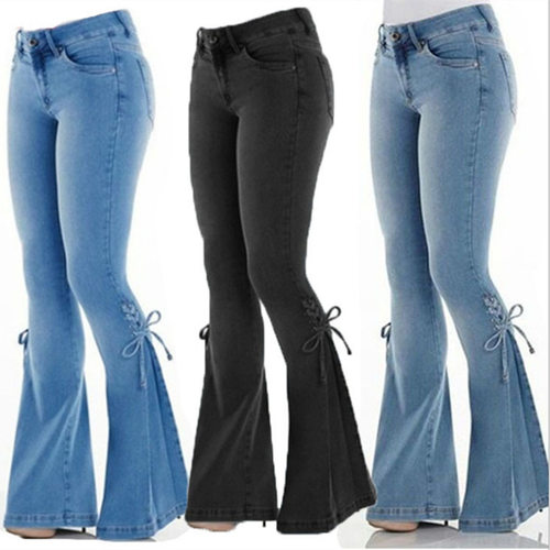 Basic Women Jeans Flare Black Pants Winter Female Streetwear