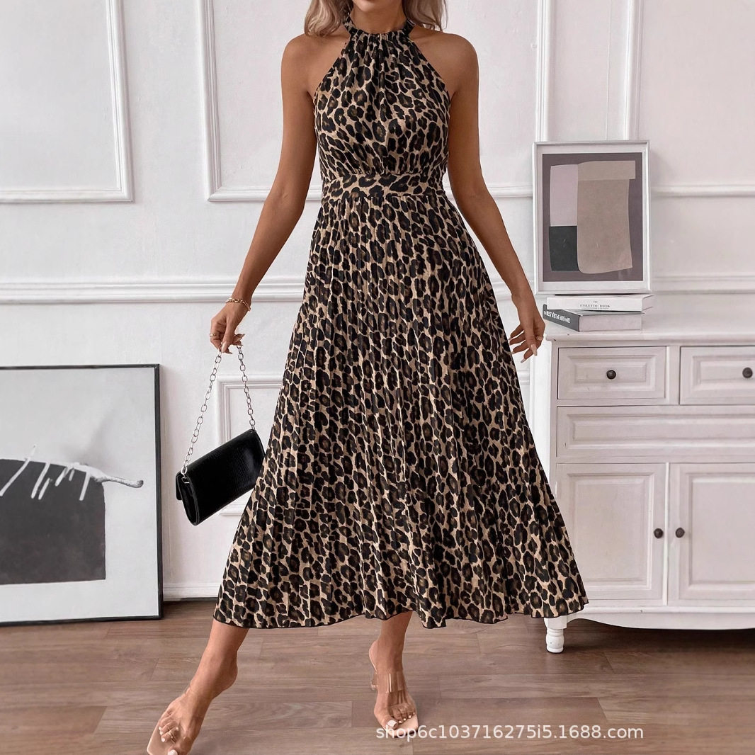 Sexy V-neck backless leopard print girl dress豹纹印花连衣裙