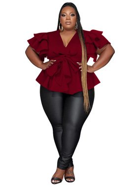 Plus size Party top Women big sizeV neck Wedding Evening red