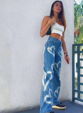 Vintage Heart Printed Baggy Jeans Women High Waist Harajuk