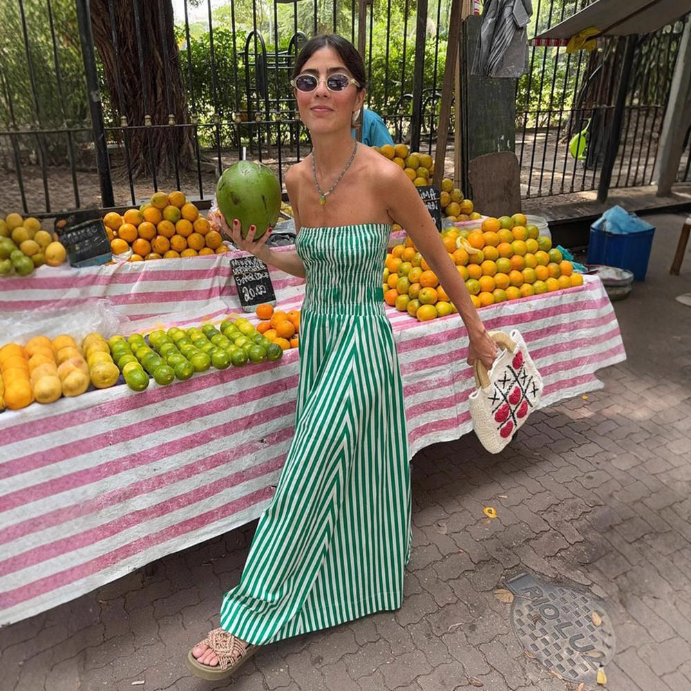 Strapless slim fit dress large swing性感条纹抹胸修身连衣裙女