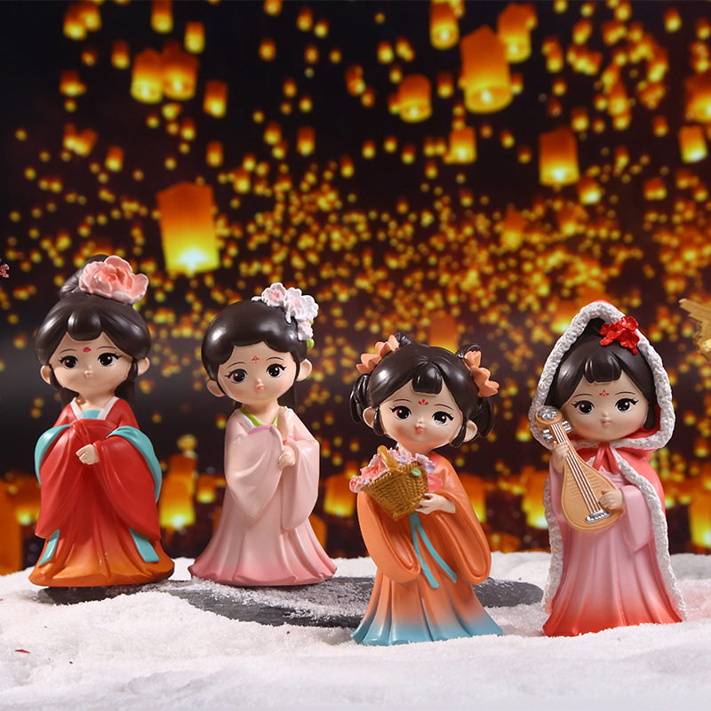 国潮古风可爱娃娃摆件家居办公室桌面小摆件汉服公仔手办树脂公主
