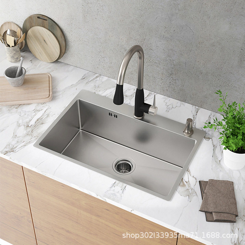 厂家厨房304不锈钢手工拉丝水槽 单槽水槽加厚套餐洗菜洗碗盆
