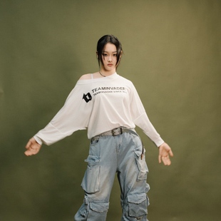 TeamInvader/TI舞团漏肩长袖美式休闲情侣宽松破洞印花T06A015