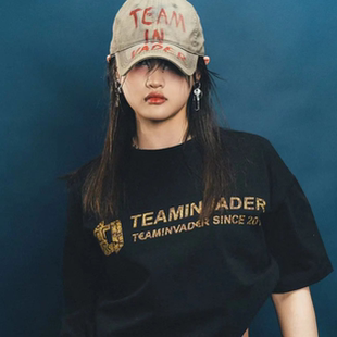 TeamInvader/TI舞团金标短袖轻奢情侣T恤黑色宽松印花T05A008