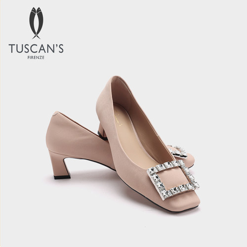 TUSCAN'S时尚女士钻钻方扣浅口单鞋绒面粗跟高跟鞋双鱼女鞋