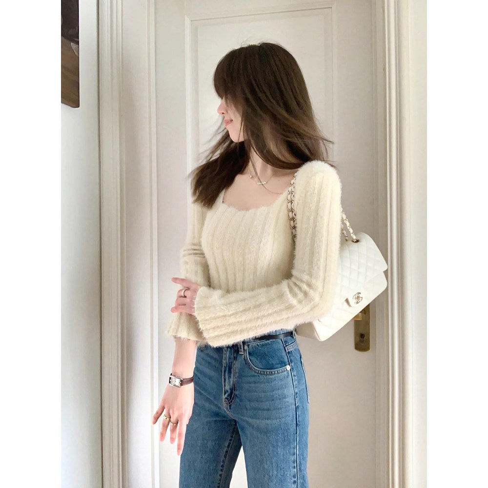 2026早春新款复古上衣方领针织衫长袖修身显瘦毛衣白色内搭打底衫